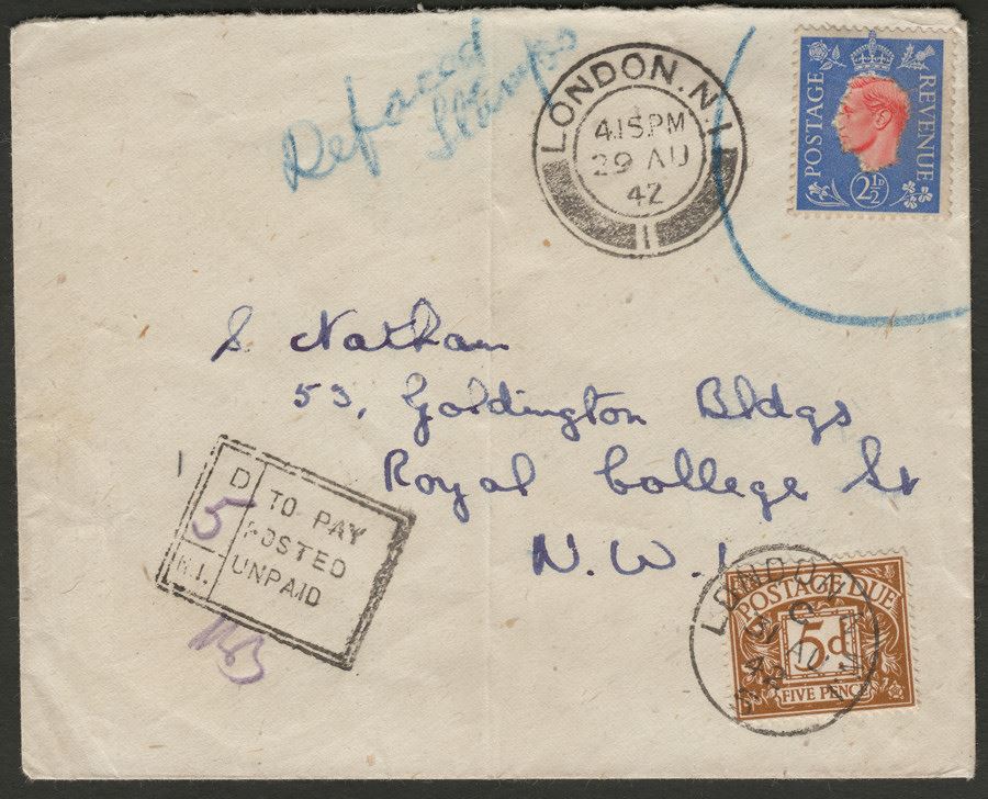 KGVI 1942 2½d Ultramarine and Red!! used on 5d Postage Due Cover Defaced Stamps