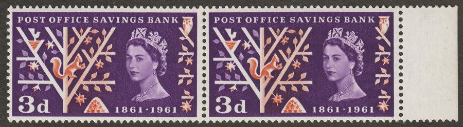 QEII 1961 Post Office 3d Pair Perforated Through Right Margin Variety SG624AEb