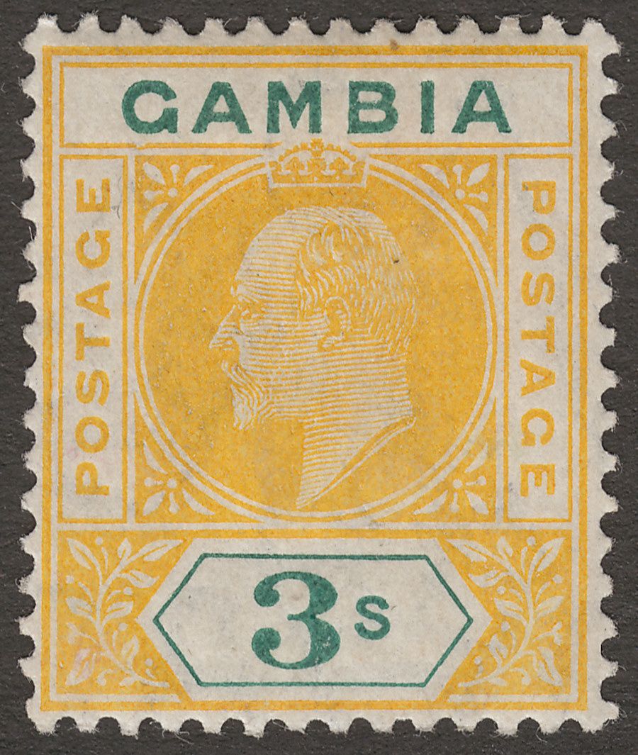 Gambia 1909 KEVII 3sh Yellow and Green with Variety Dented Frame Mint SG85a
