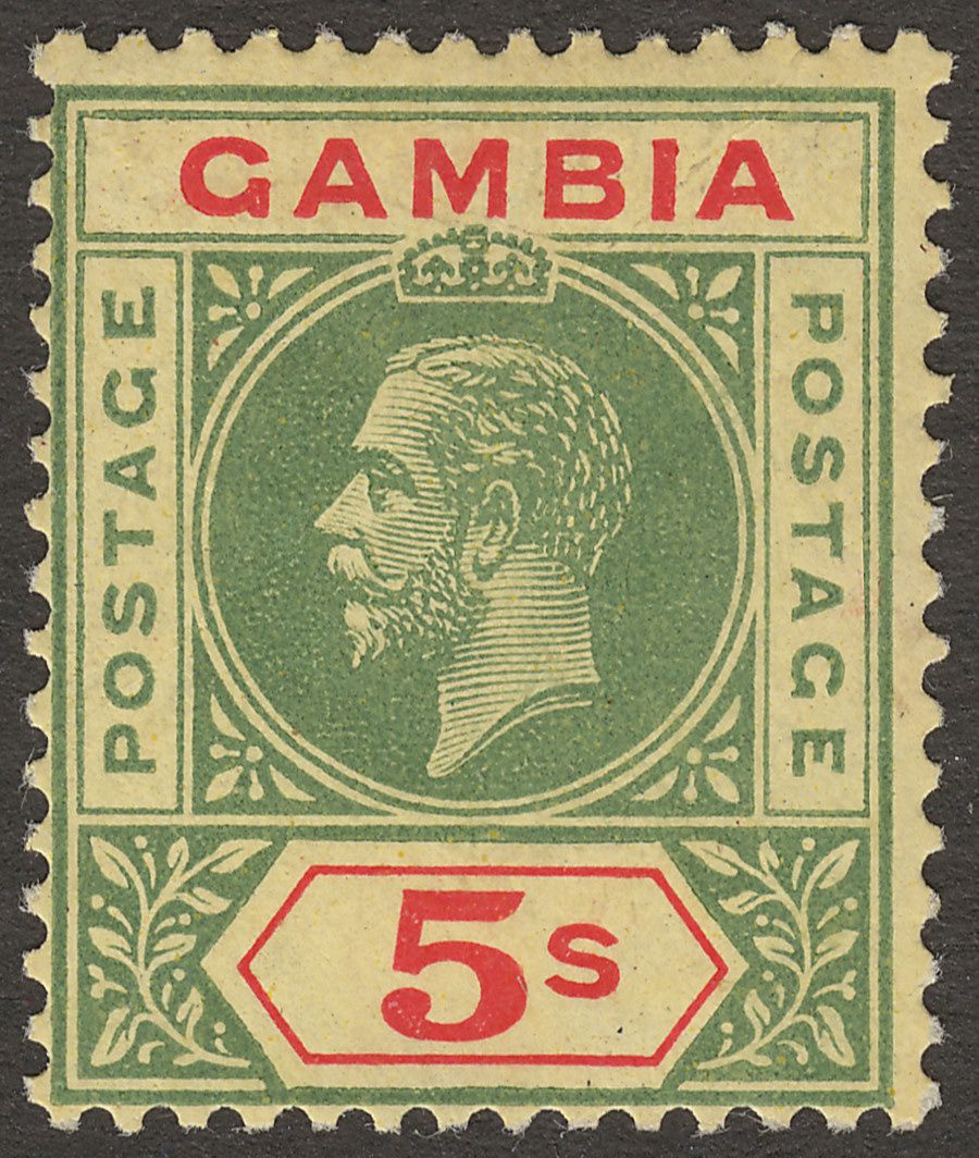 Gambia 1922 KGV 5sh Green and Red on Pale Yellow Mint SG102