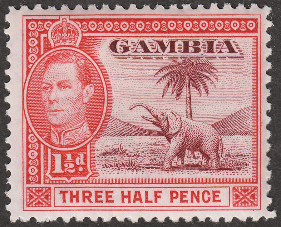 Gambia 1938 KGVI and Elephant 1½d Brown-Lake and Bright Carmine Mint SG152