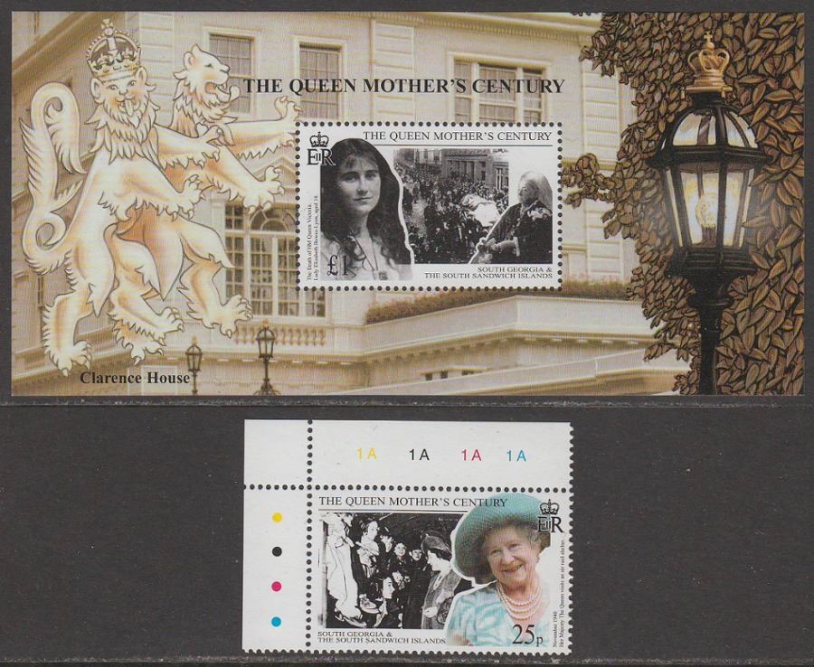 Ascension Island / South Georgia + Sandwich Is 1999 Queen Mother Set + MS Mint