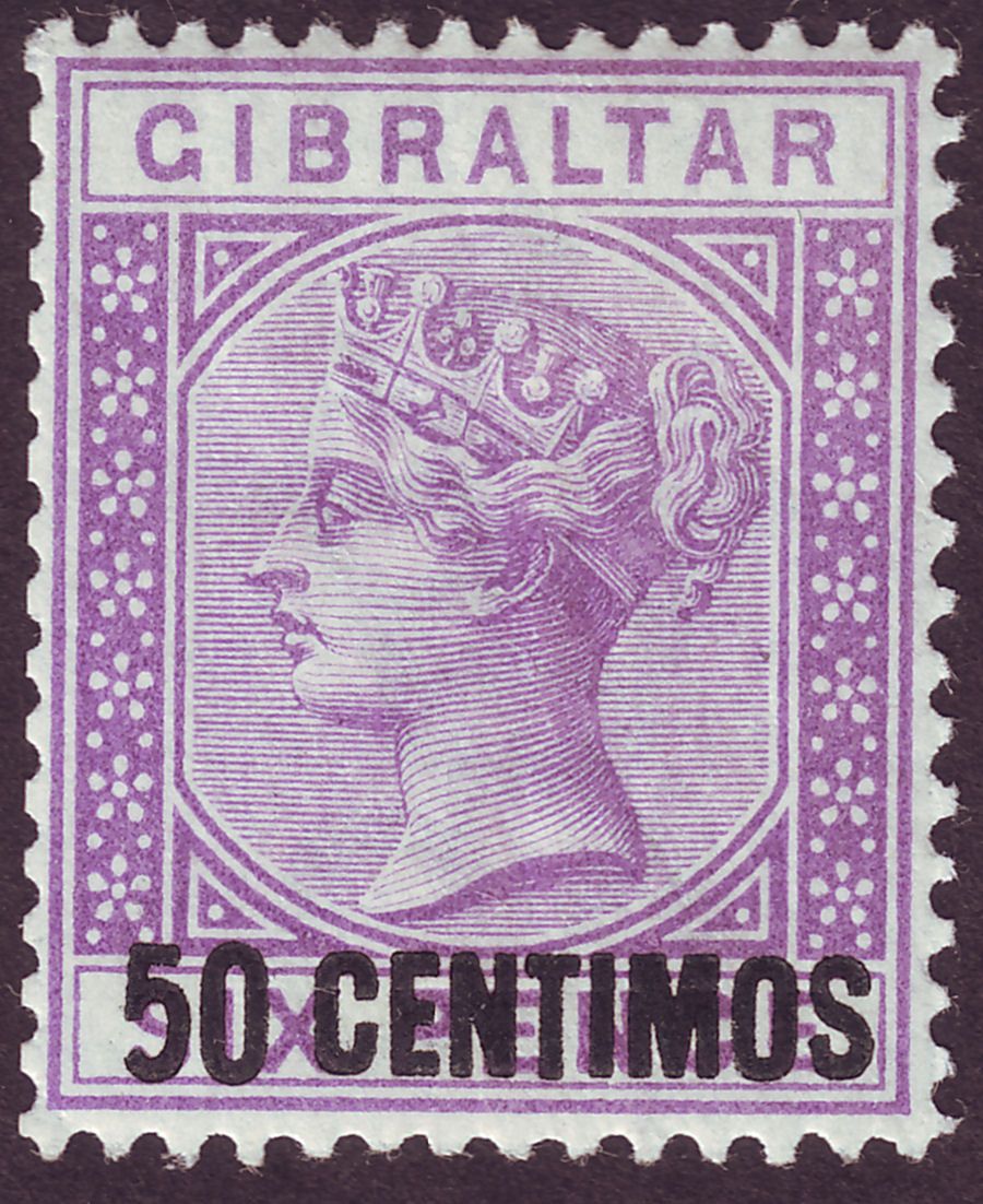 Gibraltar 1889 QV 50c Surcharge on 6d Bright Violet w Var Short Foot Mint SG20a