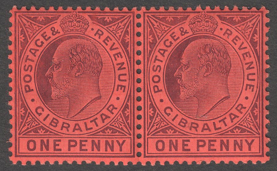 Gibraltar 1904 KEVII 1d Dull Purple on Red wmk Multi CA Chalky Mint Pair SG57a
