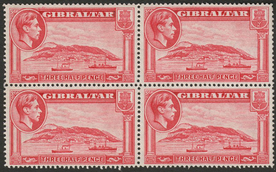 Gibraltar 1938 KGVI 1½d Carmine Perf 14 Block of Four Mint SG123