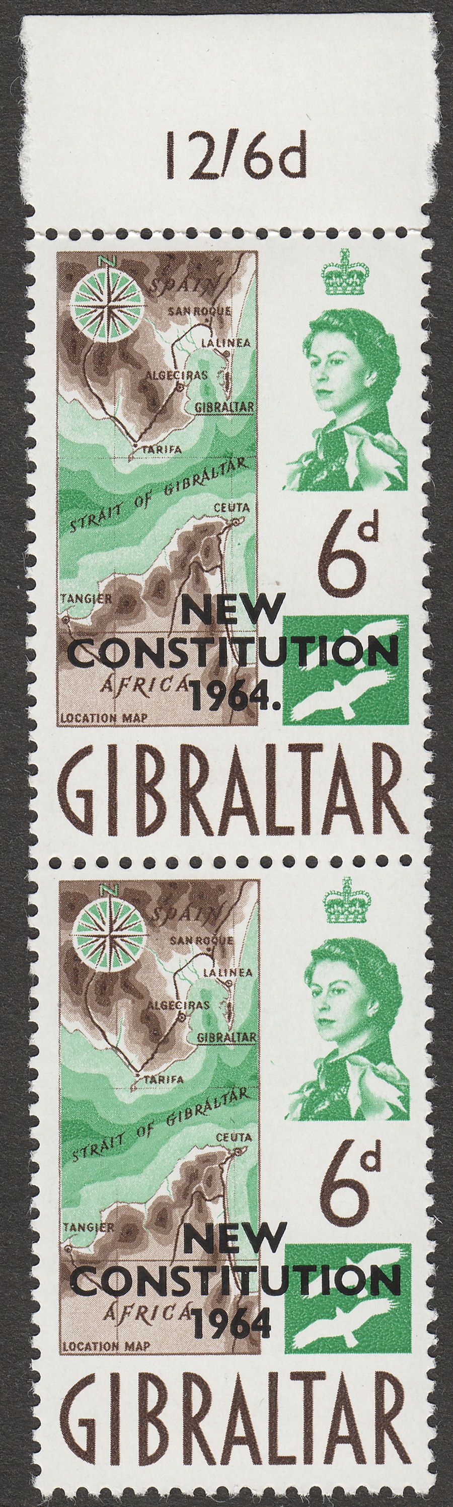 Gibraltar 1964 New Constitution 6d Overprint Mint variety no stop SG179a