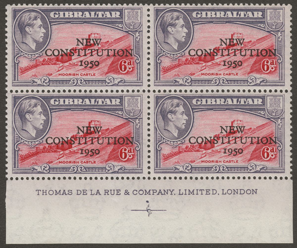 Gibraltar 1950 KGVI New Constitution Overprint 6d Imprint Block Mint retouching