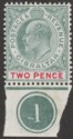 Click for more photos and details Gibraltar 1907 KEVII 2d Grey-Green and Carmine Chalky Paper Mint SG58a