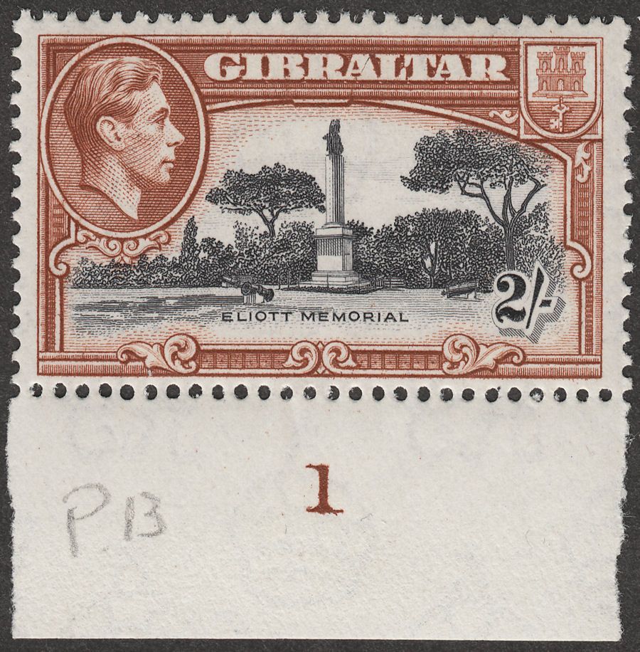 Gibraltar 1942 KGVI 2sh Black and Brown Perf 13 Mint SG128b