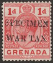 Click for more photos and details Grenada 1916 KGV WAR TAX 1d Red overprint Specimen SG109s