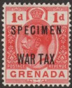 Click for more photos and details Grenada 1916 KGV WAR TAX 1d Scarlet overprint Specimen SG111s