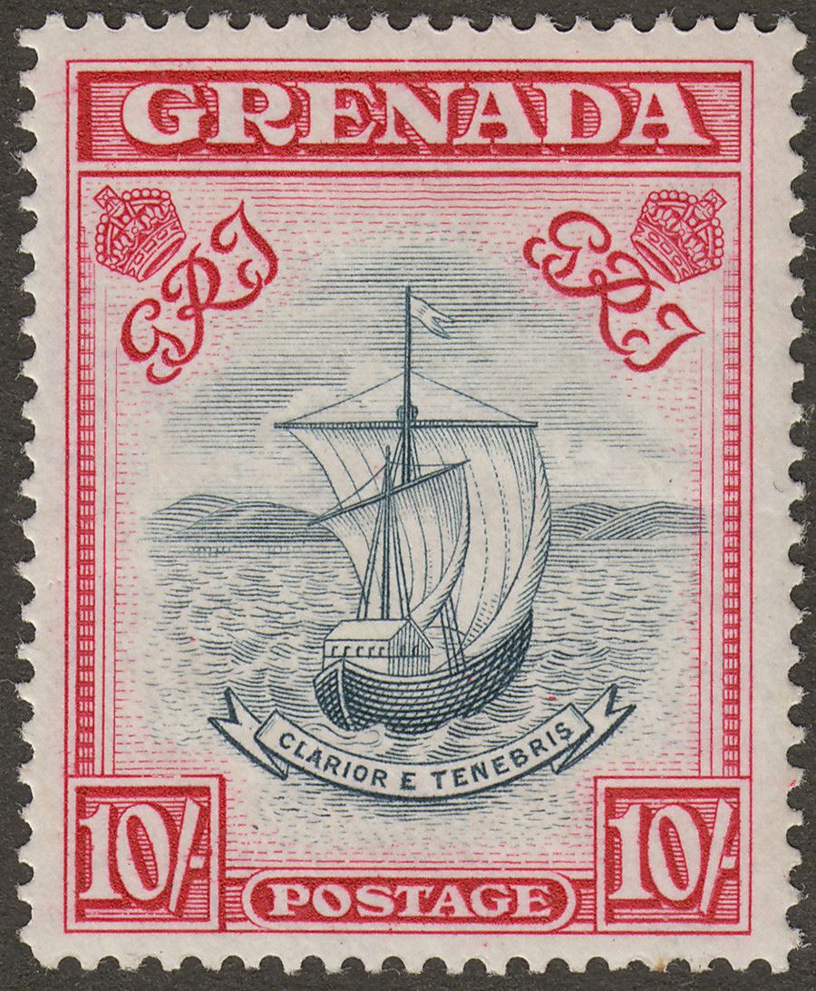 Grenada 1944 KGVI 10sh Grey-Black and Carmine p14 Mint SG163e
