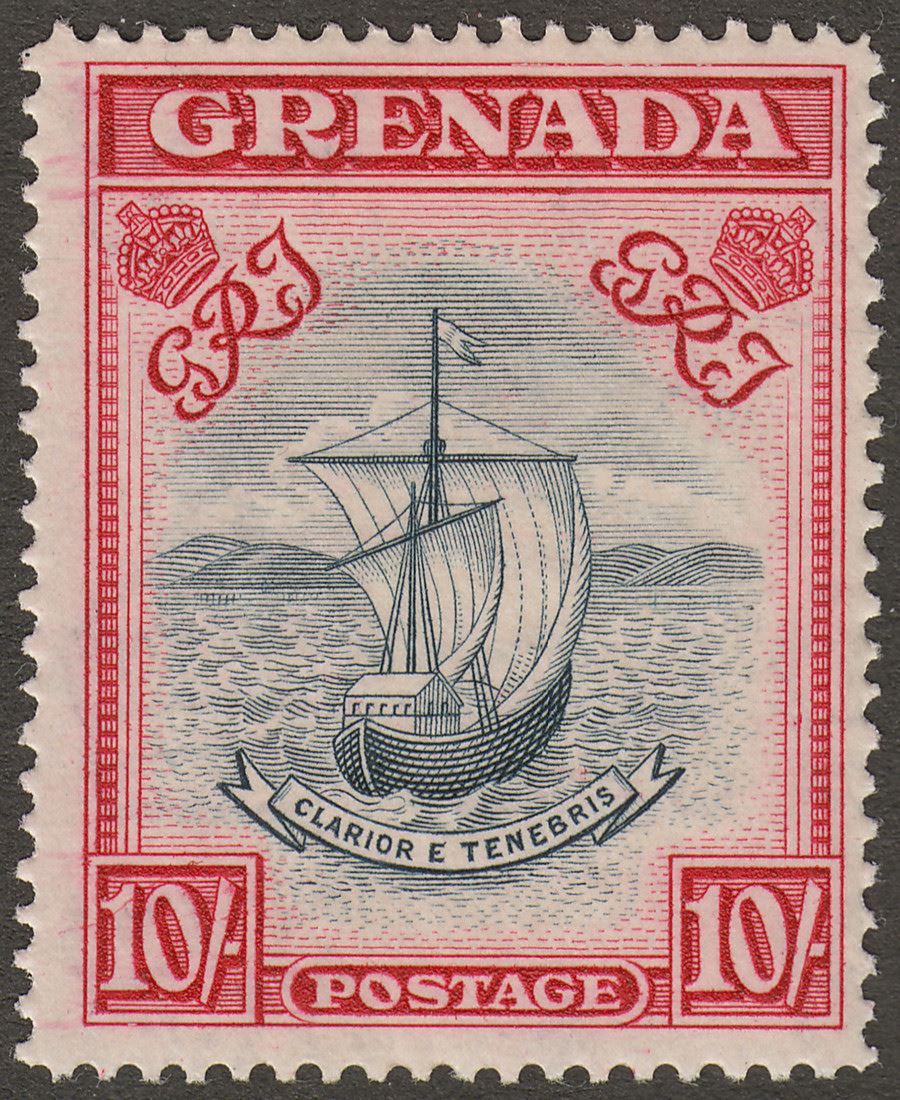 Grenada 1943 KGVI 10sh Deep Slate and Bright Carmine p14 Mint SG163e