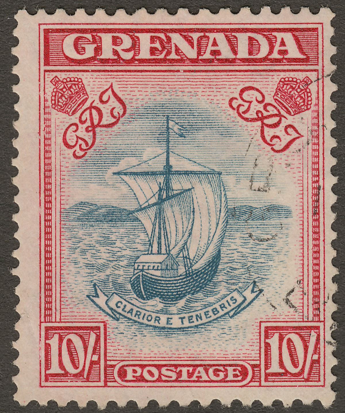 Grenada 1938 KGVI 10sh Steel Blue and Carmine p12x13 Used SG163