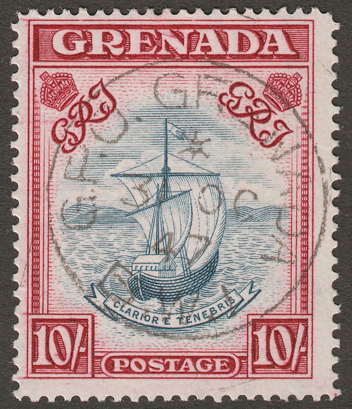Grenada 1944 KGVI 10sh Slate-Blue and Carmine Lake p14 Used SG163d