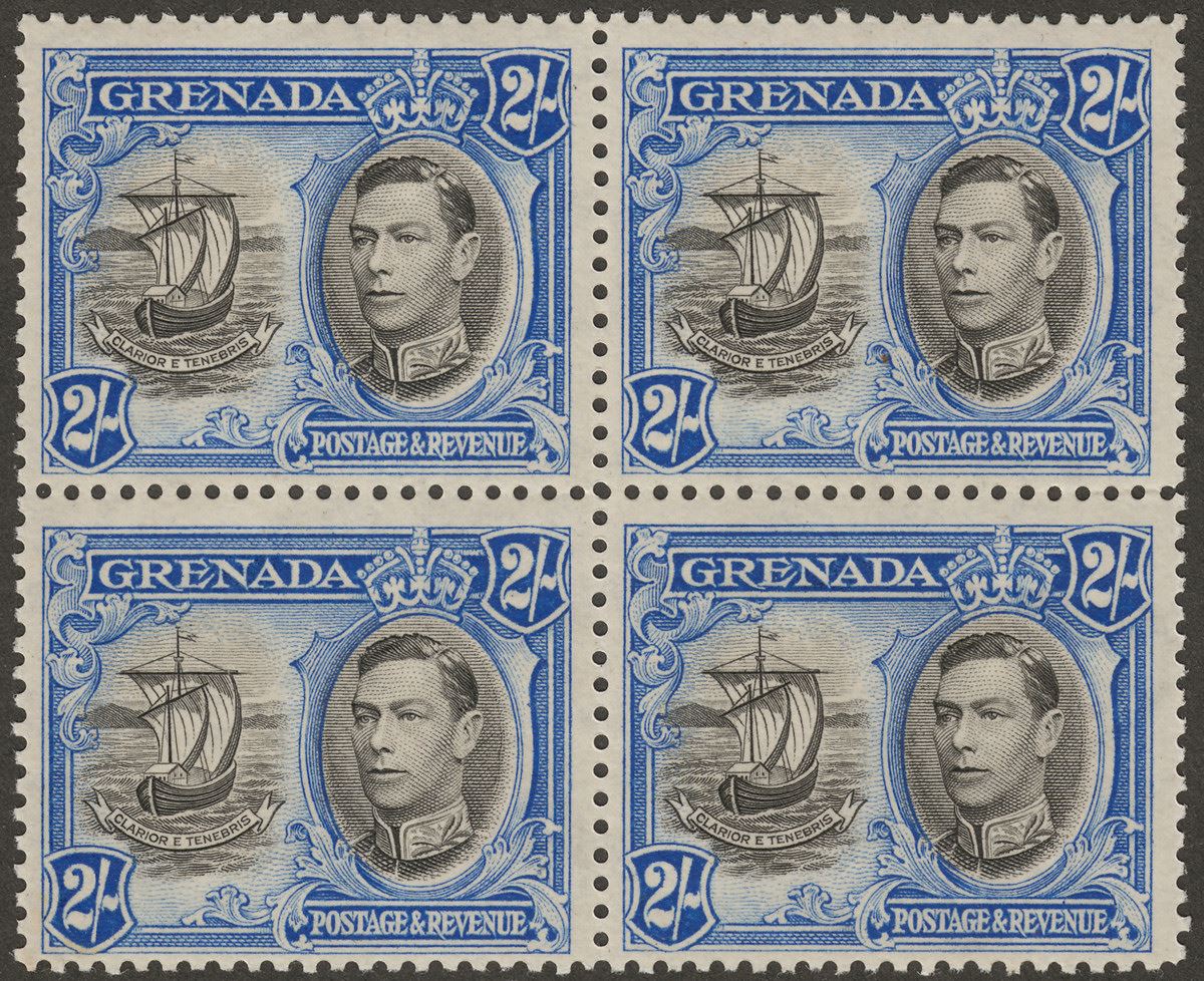 Grenada 1938 KGVI 2sh Black and Ultramarine p12½ Block of 4 Mint SG161