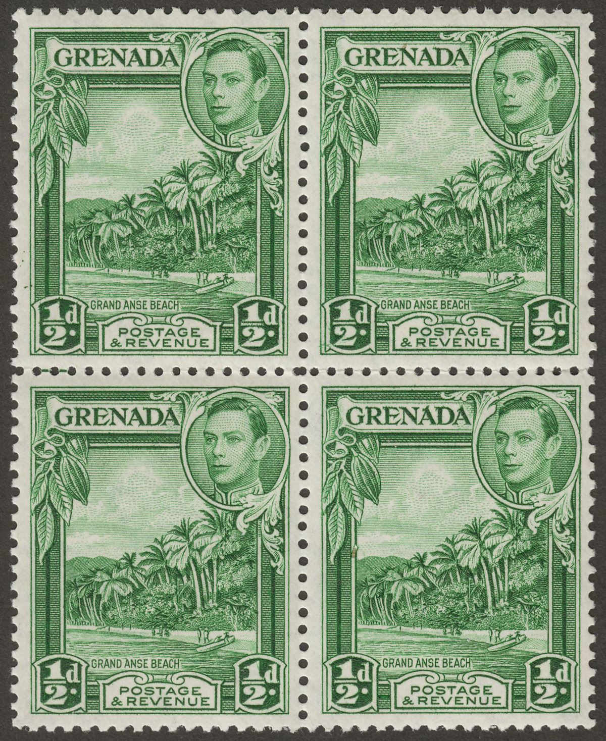 Grenada 1938 KGVI ½d Yellow-Green p12½ Block of Four Mint SG153