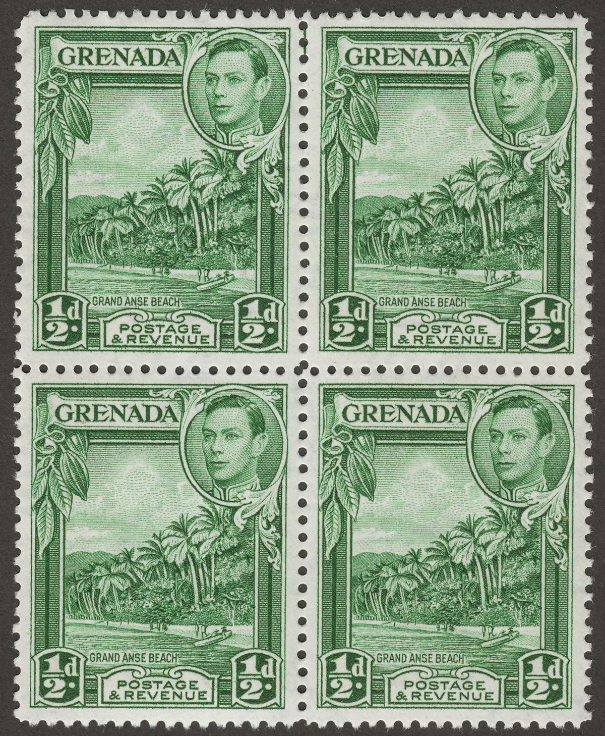 Grenada 1943 KGVI ½d Blue-Green p12½ Block of Four Mint SG153a