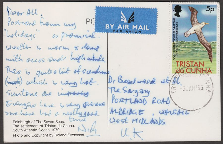 Tristan da Cunha 1983 QEII 5p Used on Airmail Picture Postcard to UK