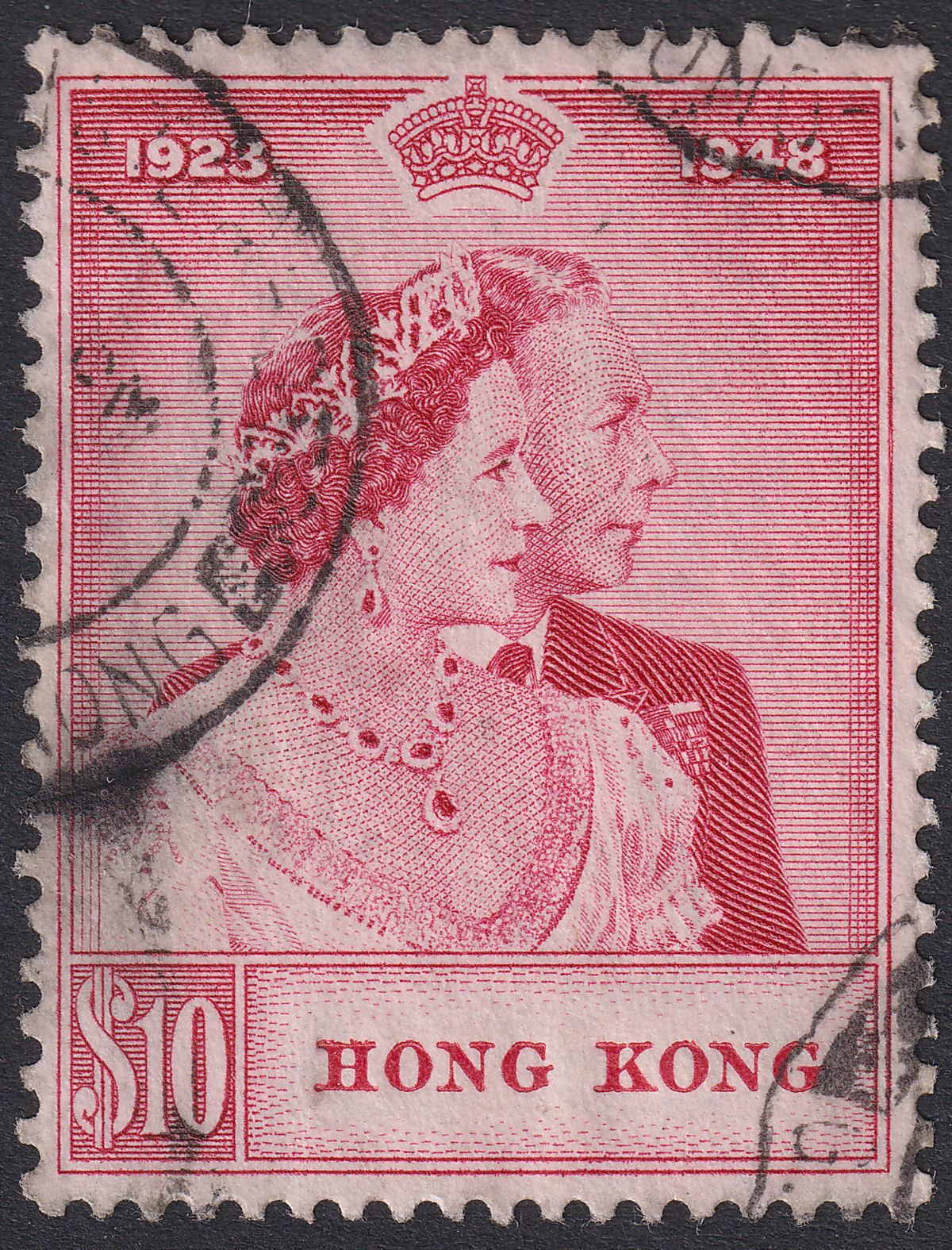 Hong Kong 1948 KGVI Royal Silver Wedding $10 Carmine Used SG172 cat £130