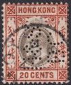 Hong Kong 1908 KEVII 20c Slate + Chestn Used AMOY postmark + HSBC Perfin SG Z77