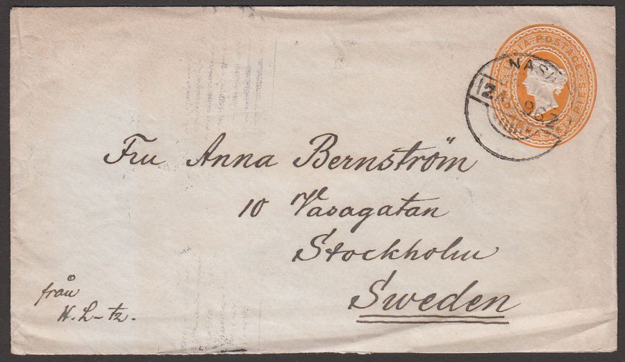 India 1896 QV 2a6p Postal Stationery Cover Used to Stockholm, Sweden