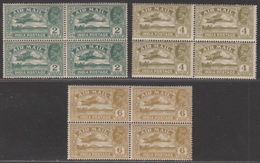 India 1929 King George V Airmail 2a, 4a, 6a Blocks of Four Mint cat£70 2a crease
