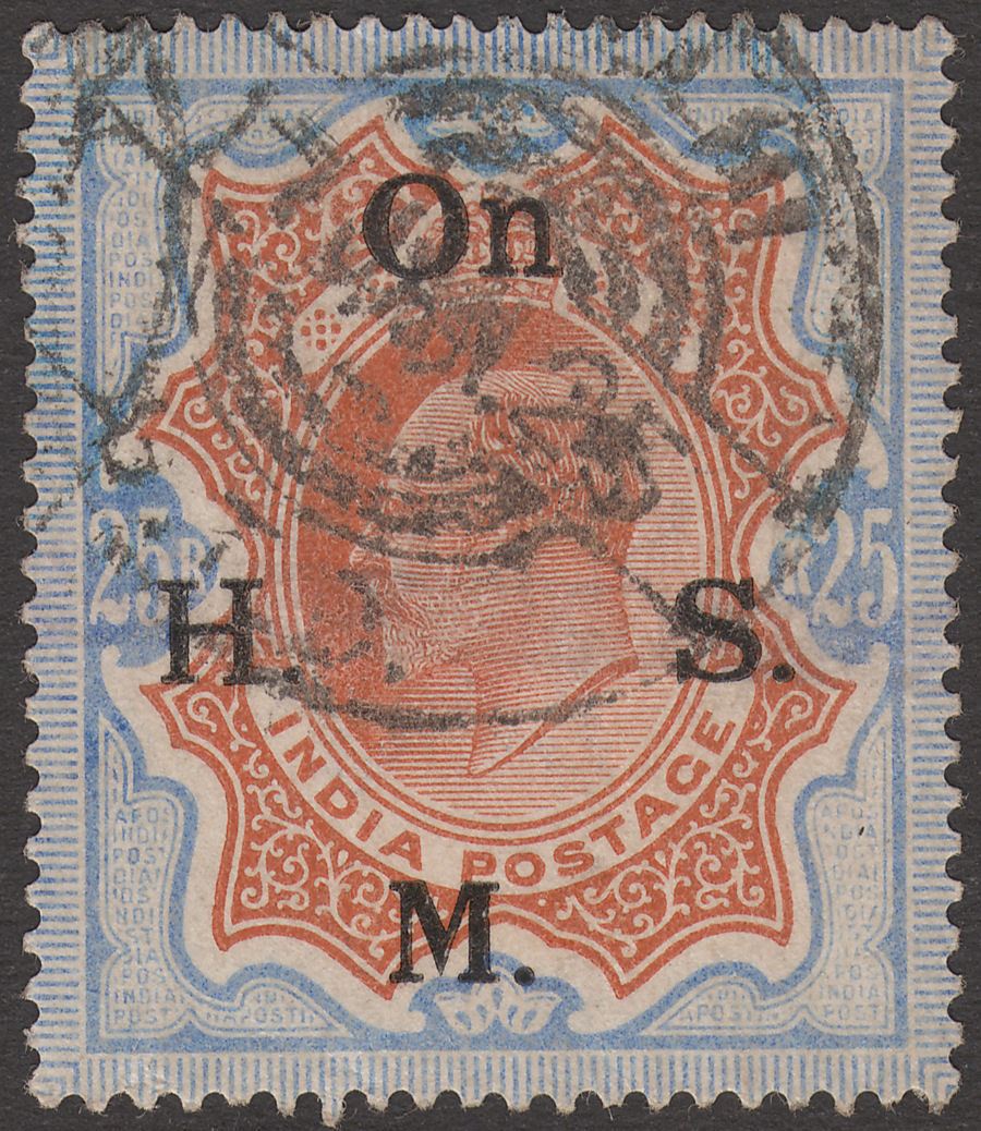 India 1909 KEVII Official 25r Brownish Orange + Blue Opt Tels Used SG O72 c£110