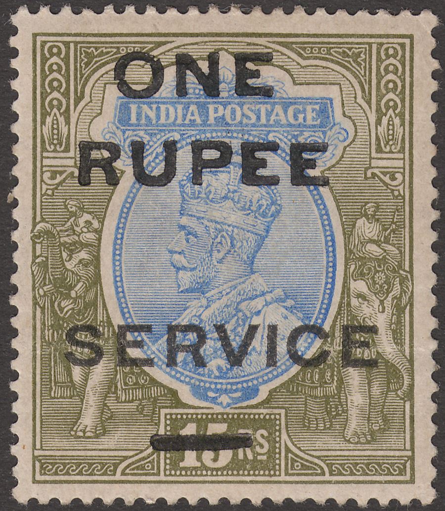 India 1925 KGV Official 1r on 15r Blue + Olive Surcharge Unused SG O102 cat £20