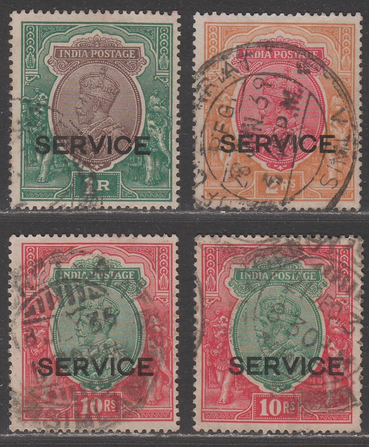 India 1930-31 KGV Official 1r, 2r, 10r, 10r Overprint Used SG O117-O120 cat £147
