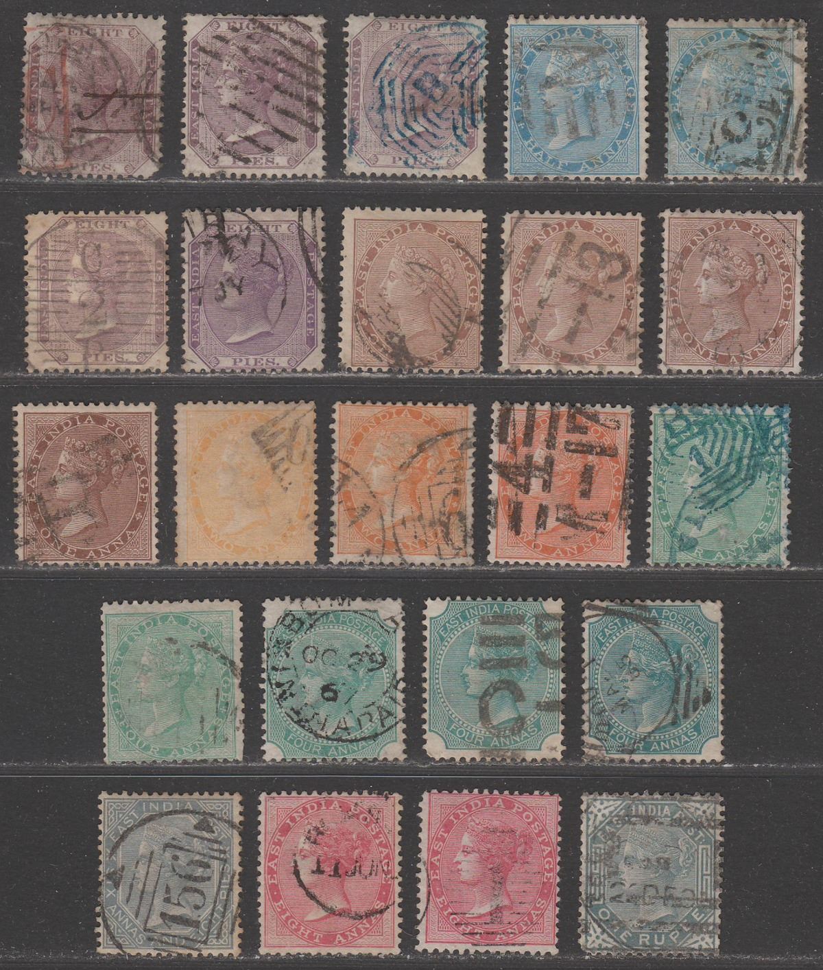 India 1860-74 Queen Victoria Watermarked Selection to 1r Used