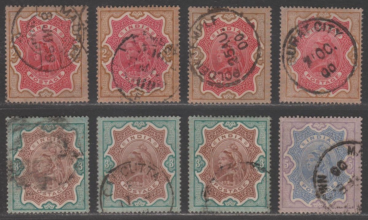 India 1895 Queen Victoria Set with 2r, 3r Shades Used SG107-109 cat £75+