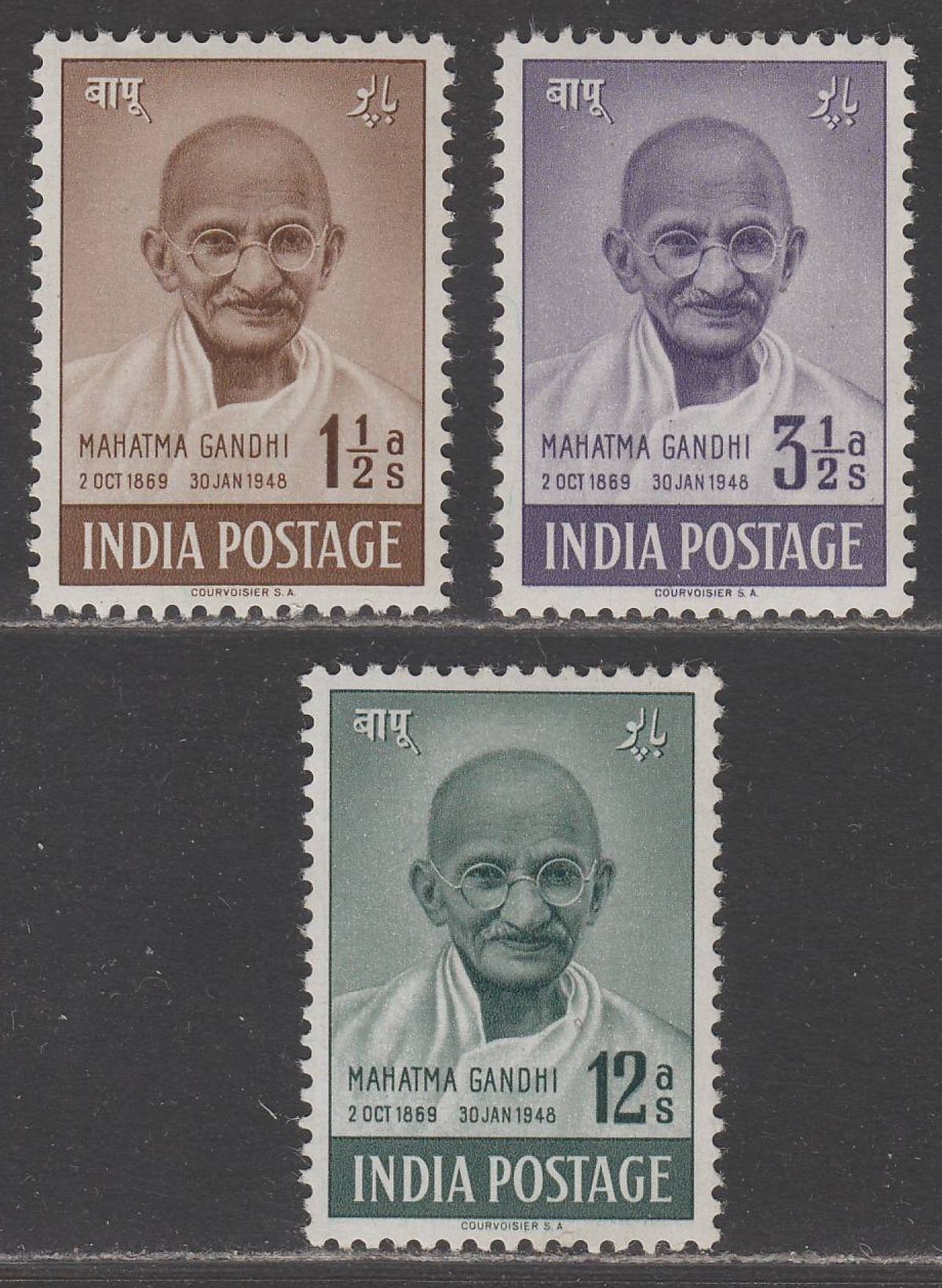 India 1948 First Anniv Independence Gandhi Set to 12a Mint SG305-307 cat £50