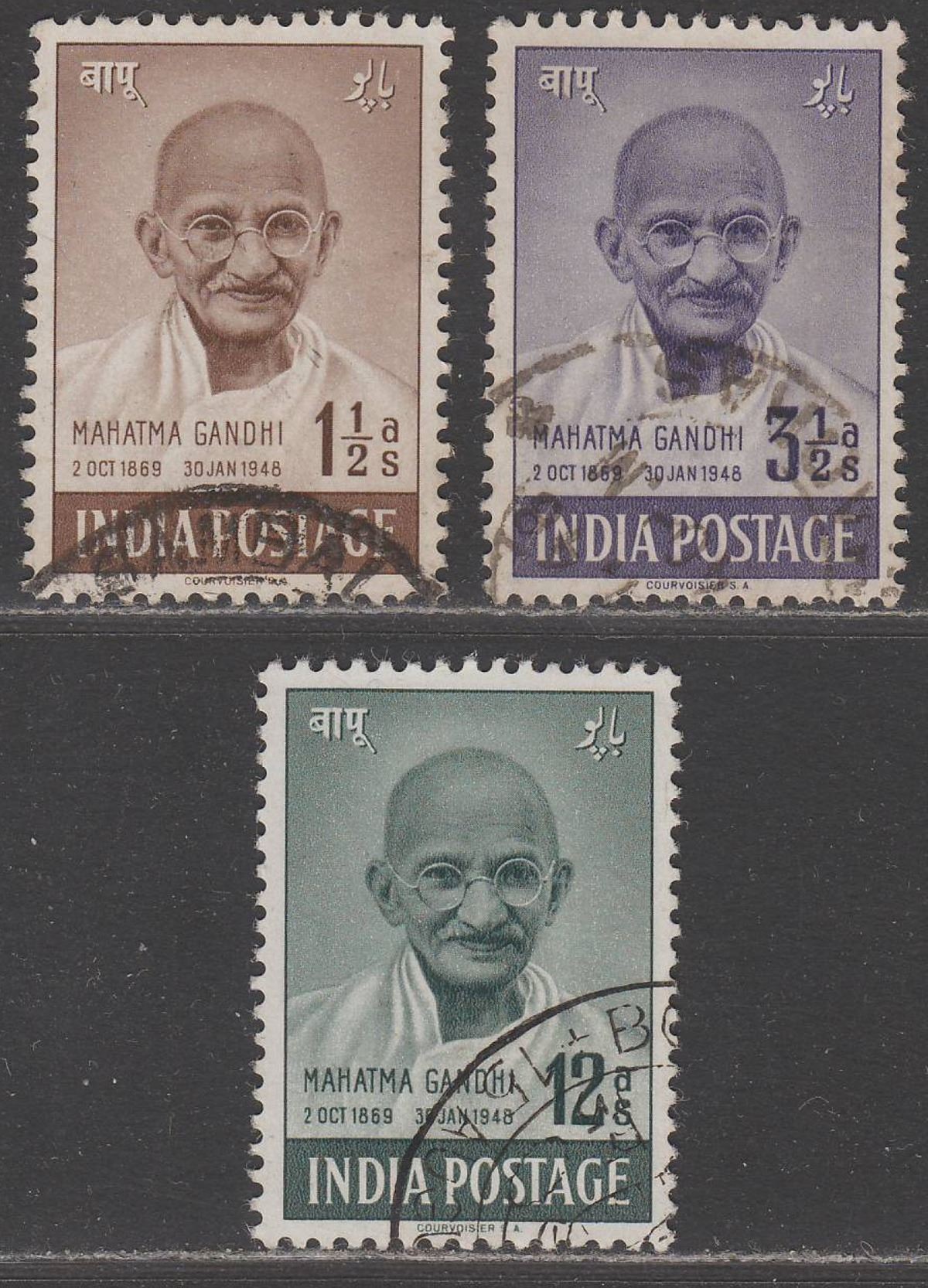 India 1948 First Anniv Independence Gandhi Set to 12a Used SG305-307