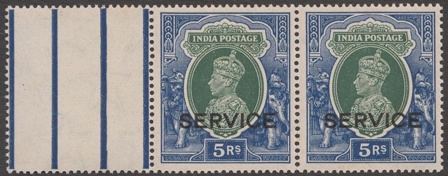 India 1938 KGVI Service Opt 5r Green and Blue Mint Marginal Pair SG O140