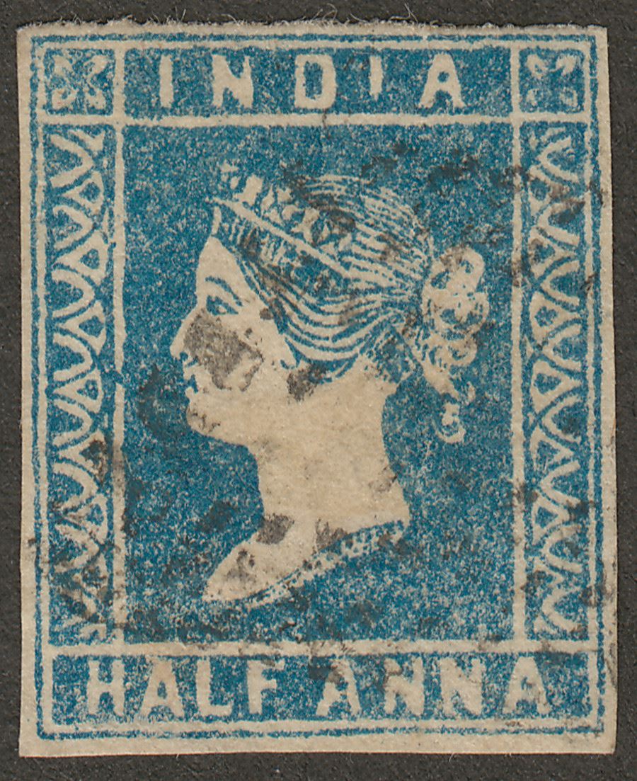 India 1854 Queen Victoria ½a Pale Blue Die I Used SG3 cat £60 w four margins