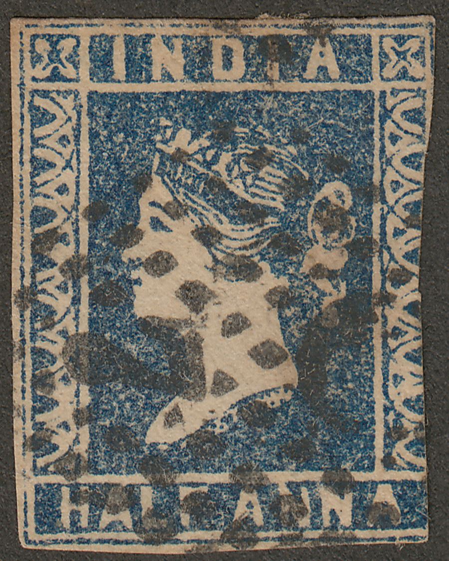 India 1854 Queen Victoria ½a Blue Die II Used SG6 cat £130 cut into at right