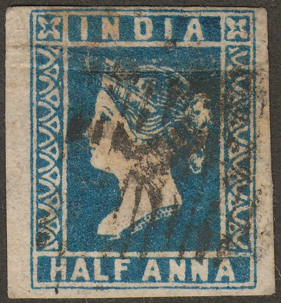 India 1854 Queen Victoria ½a Blue Die III Used SG8a four margins with crease
