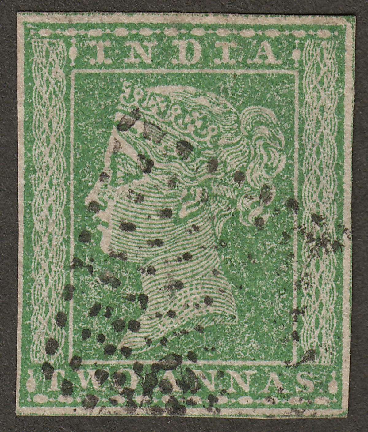 India 1854 Queen Victoria 2a Green Imperf Used SG31 cat £50 four margins w thin