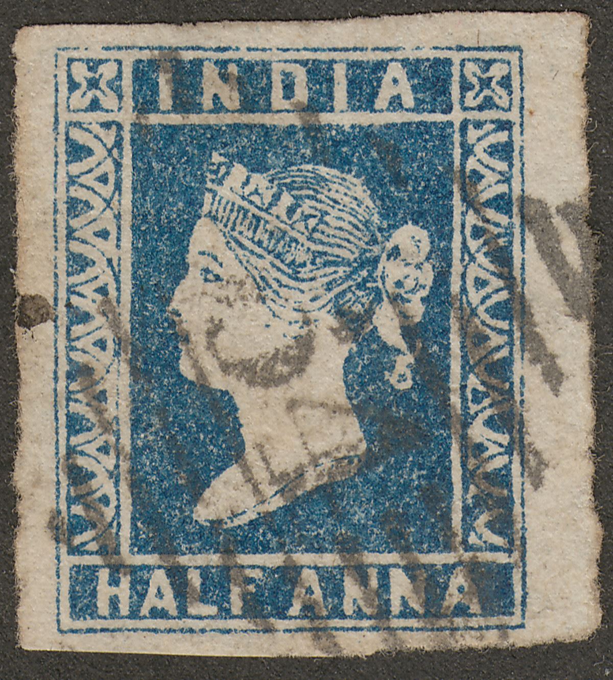 India 1854 QV ½a Blue Die I Used SG2 cat £40 with four good margins