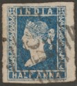 Click for more photos and details India 1854 QV ½a Blue Die I Used SG2 cat £40 with four good margins