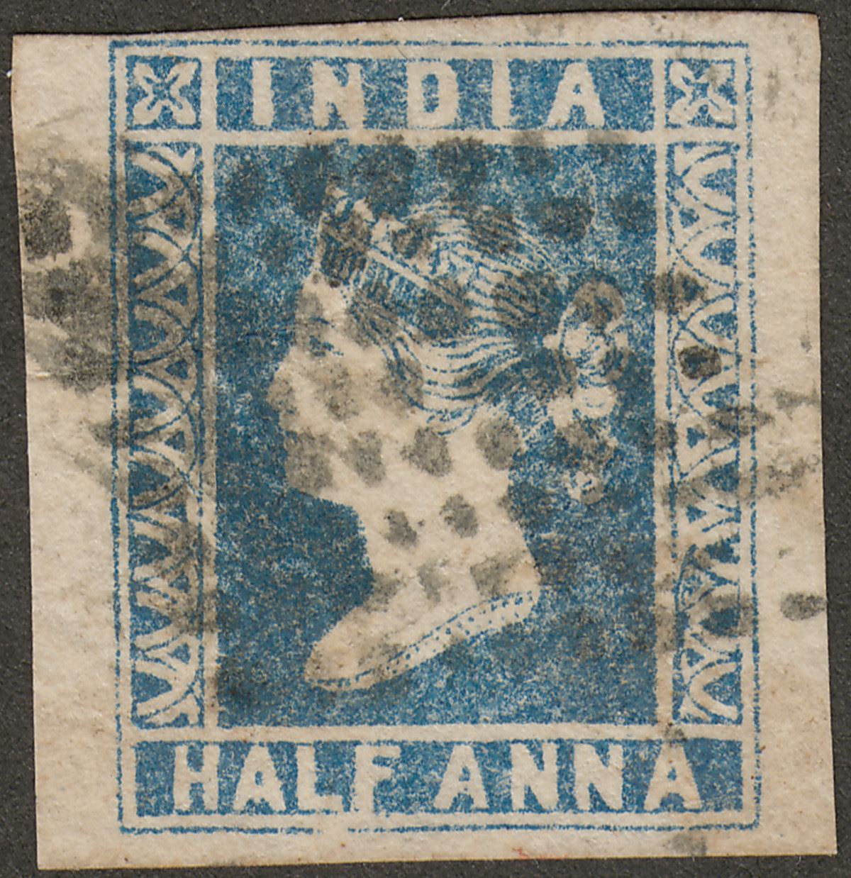 India 1854 QV ½a Blue Die I Used SG2 cat £40 w four margins diamond dot postmark