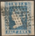Click for more photos and details India 1854 QV ½a Blue Die I Used SG2 cat £40 w four margins diamond dot postmark