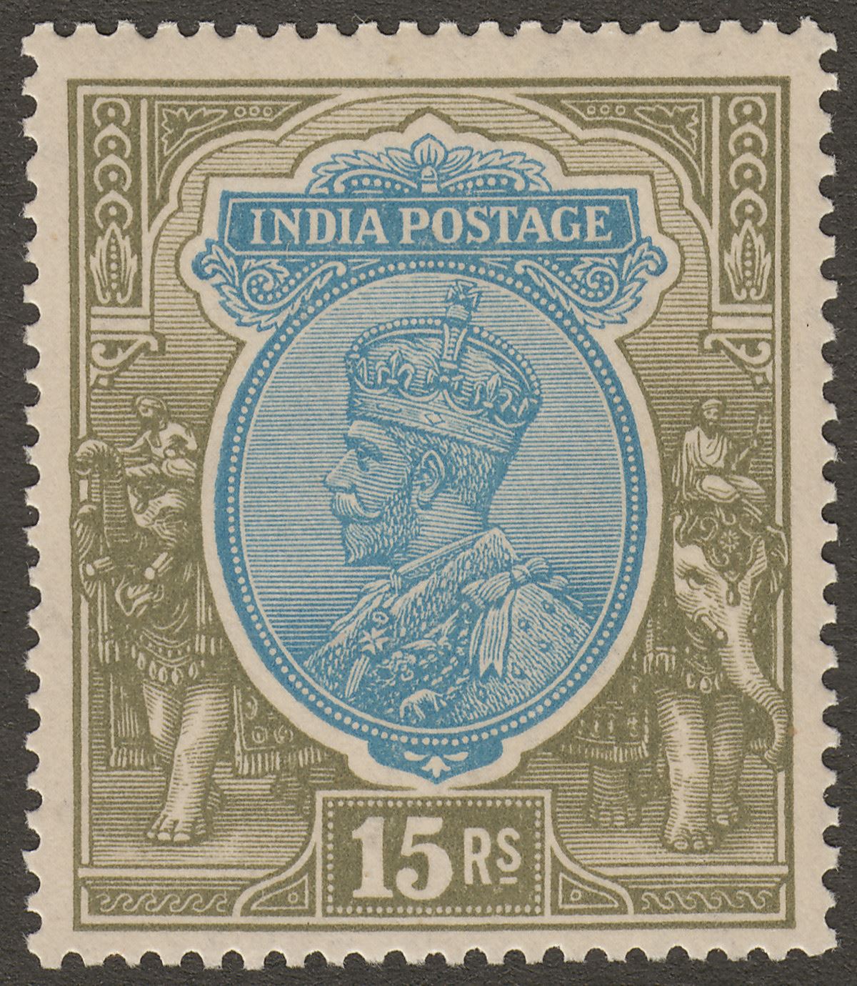 India 1928 KGV 15r Blue and Olive watermark Stars Mint SG218 cat £100