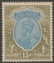 Click for more photos and details India 1928 KGV 15r Blue and Olive watermark Stars Mint SG218 cat £100