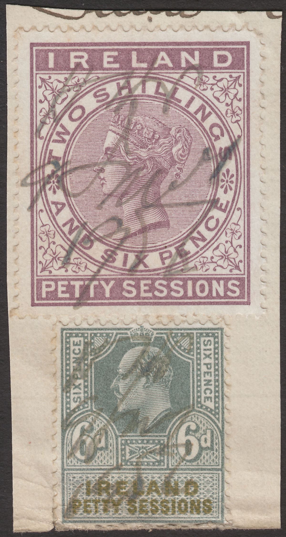 Ireland QV-KEVII Revenue Petty Sessions 2sh6d, 6d Used on Piece BF11 BF16
