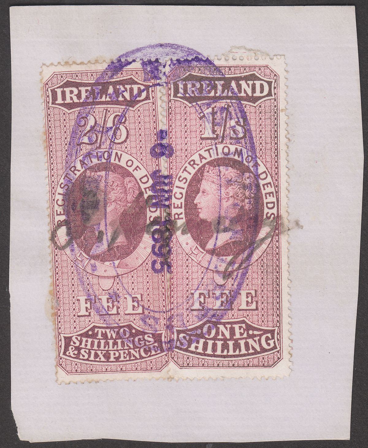 Ireland 1895 QV Revenue Registration of Deeds 2sh6d, 1sh Used on Piece