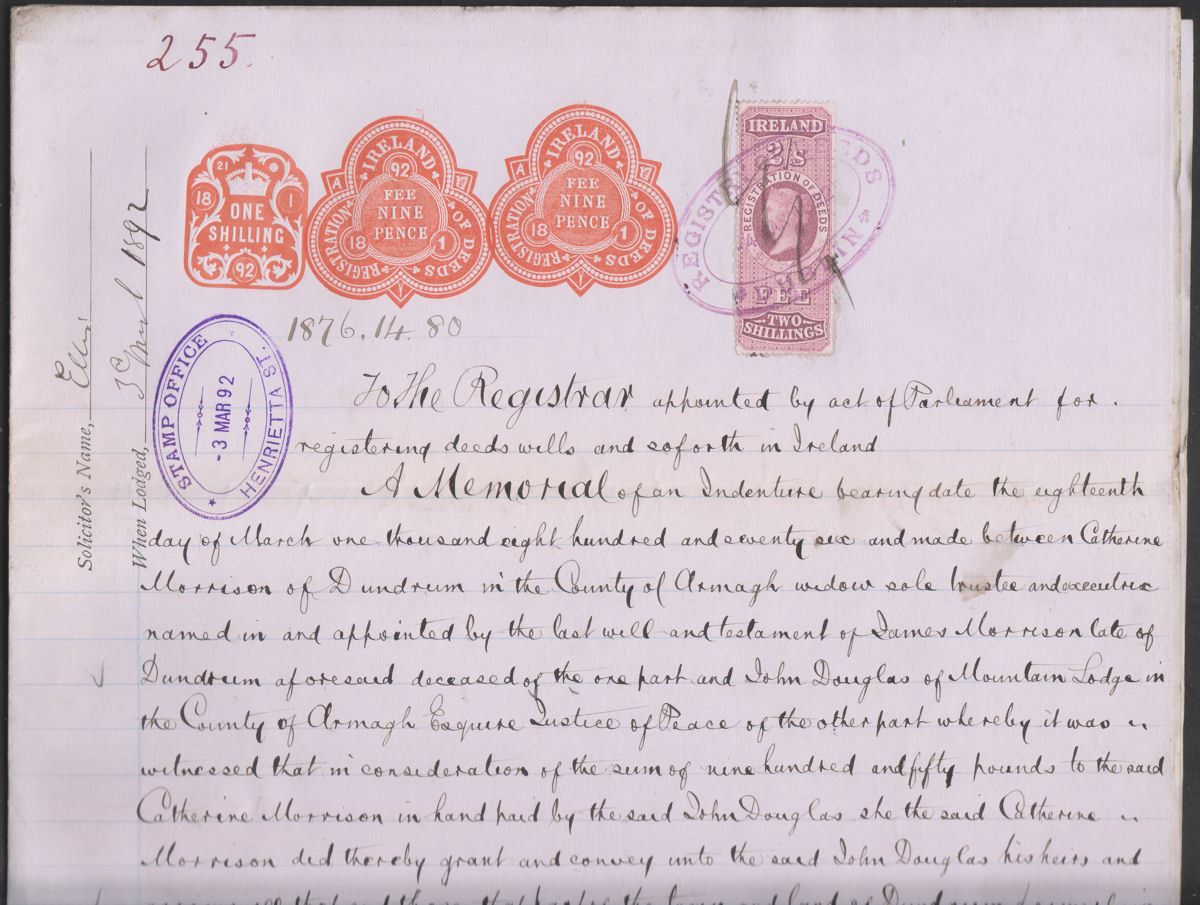 Ireland 1892 QV Revenue Registration of Deeds 2sh on 1sh, 9d x2 Embossed Doc