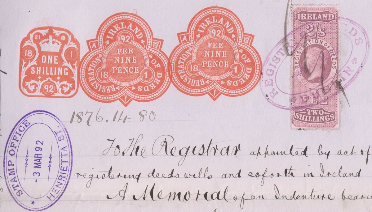 Ireland 1892 QV Revenue Registration of Deeds 2sh on 1sh, 9d x2 Embossed Doc