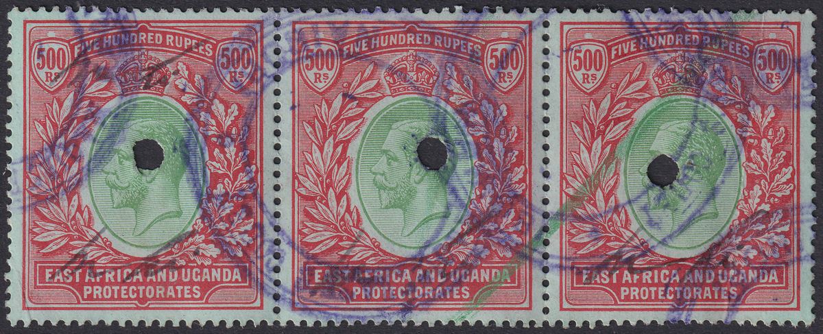 East Africa Uganda 1912 KGV 500r Green and Red on Green Fiscally Used Strip SG63